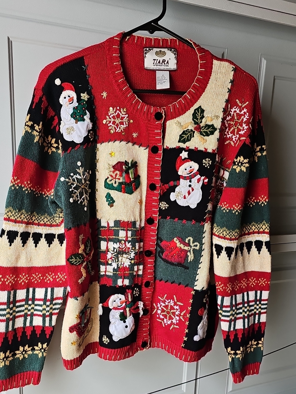 Tiara Red Green Cream Patchwork Holiday Snowman Cardigan